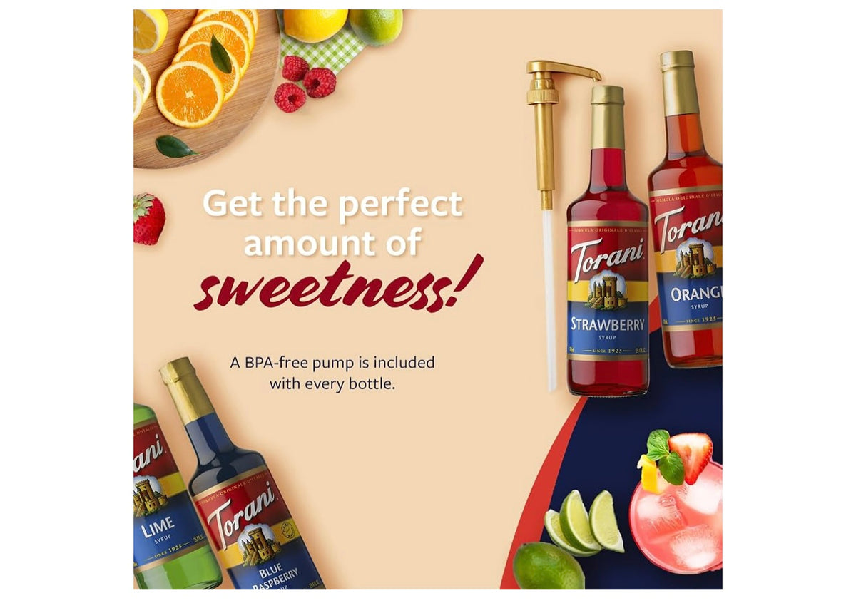 Torani Syrup, Soda Flavors 4-Pack, Pumps Included, 25.4 Fl Oz Ea
Blue Raspberry, Lime, Strawberry & Orange Flavoring for Dirty Sodas, Iced Tea & Italian Sodas. Best by October 2027.