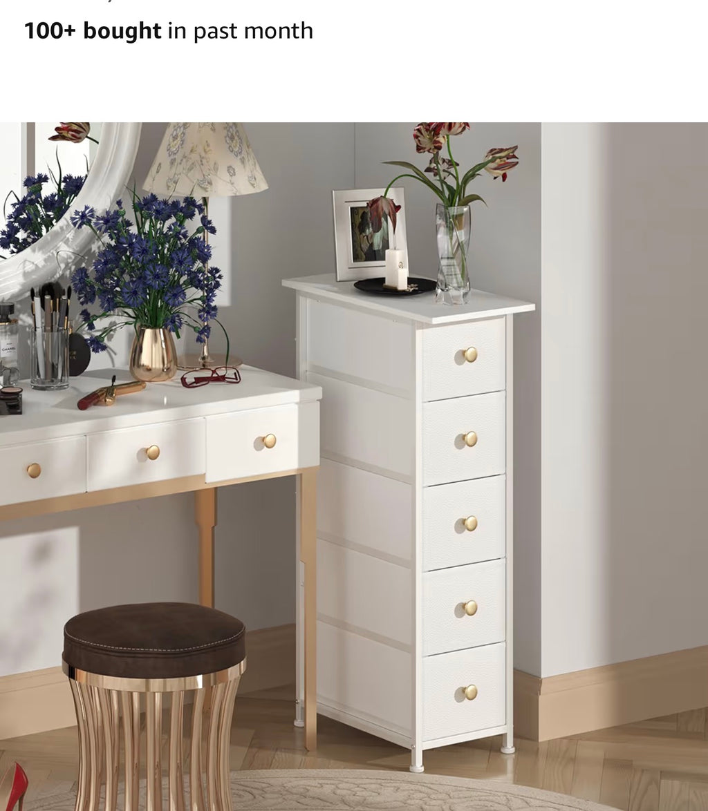 GiftGo Narrow Dresser Cabinet Vertical Slim Dresser Chest of Drawers Skinny Storage Tower for Small Spaces Gaps Closet Bedroom Bathroom Small Fabric Drawer Unit (White, 5 Drawers)