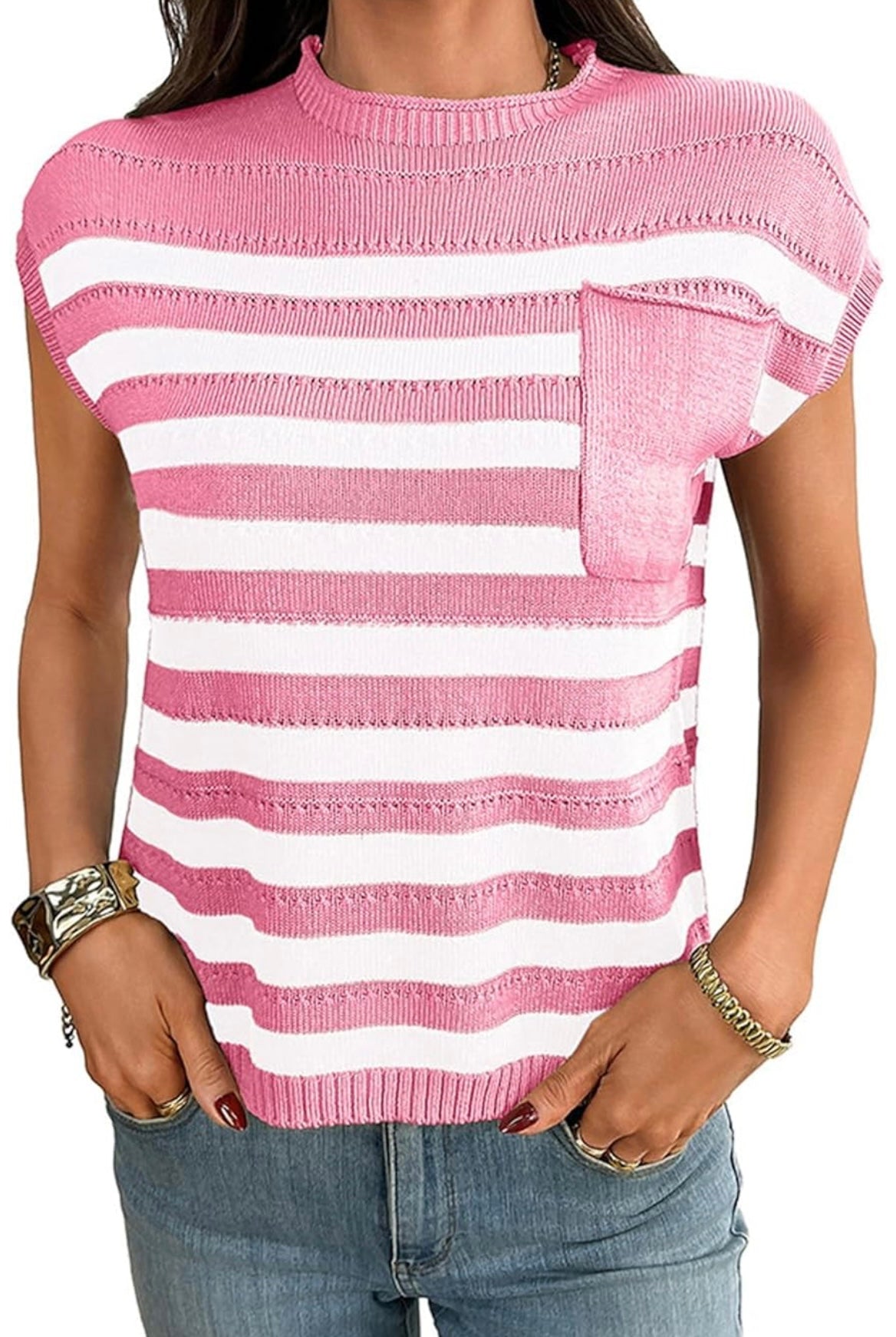 Women's Summer Striped Knit Blouse Cap Sleeve Crew Neck Sweater Tops with Pocket Casual Loose Dressy T Shirts Top