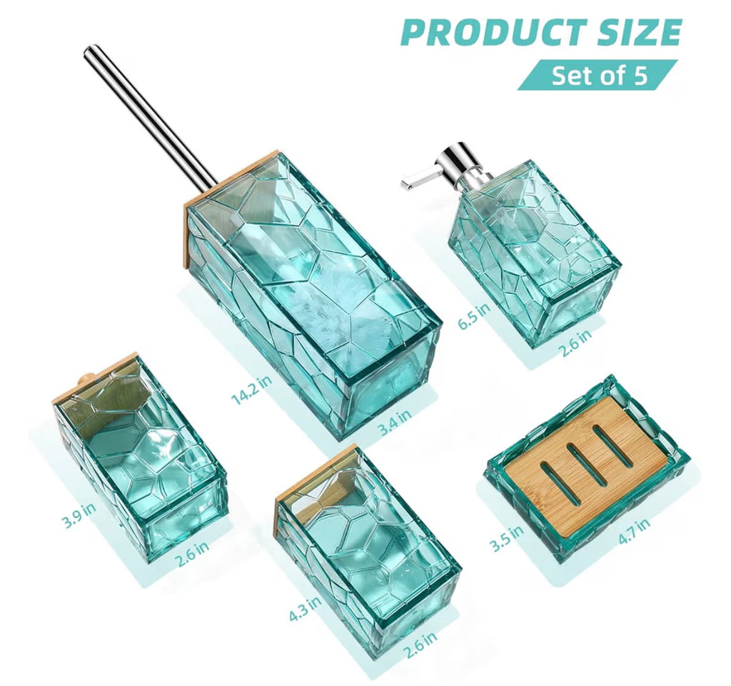 Teal Blue Beach Bathroom Accessories Set, Toothbrush Holder, Soap Dispenser, Cotton Swabs Holder, Soap Dish, Toilet Brush with Holder, Boho Bamboo Bathroom Decor,Acrylic (Teal)