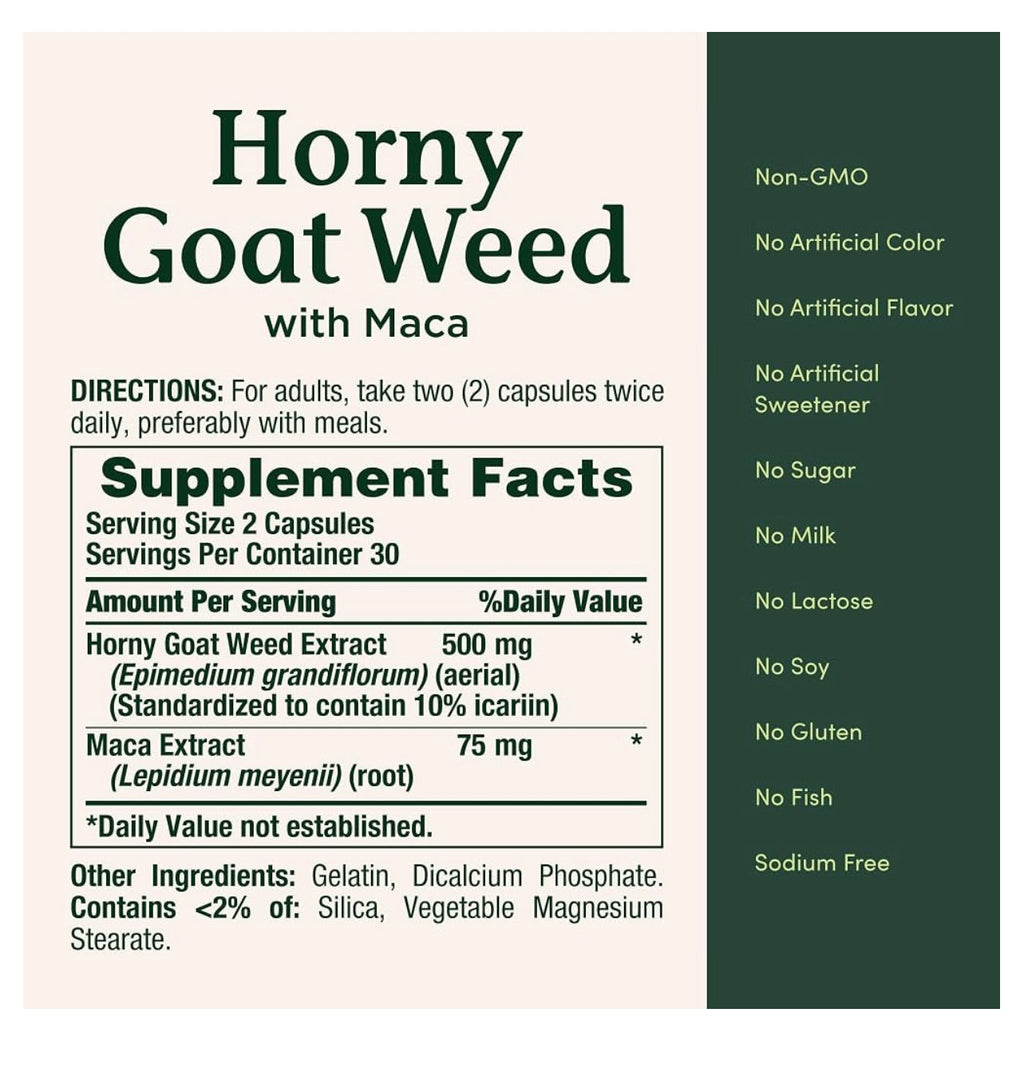 Nature's Bounty Horny Goat Weed with Maca, 60 CapsulesHerbal Health Supplement. Exp 01/2028.