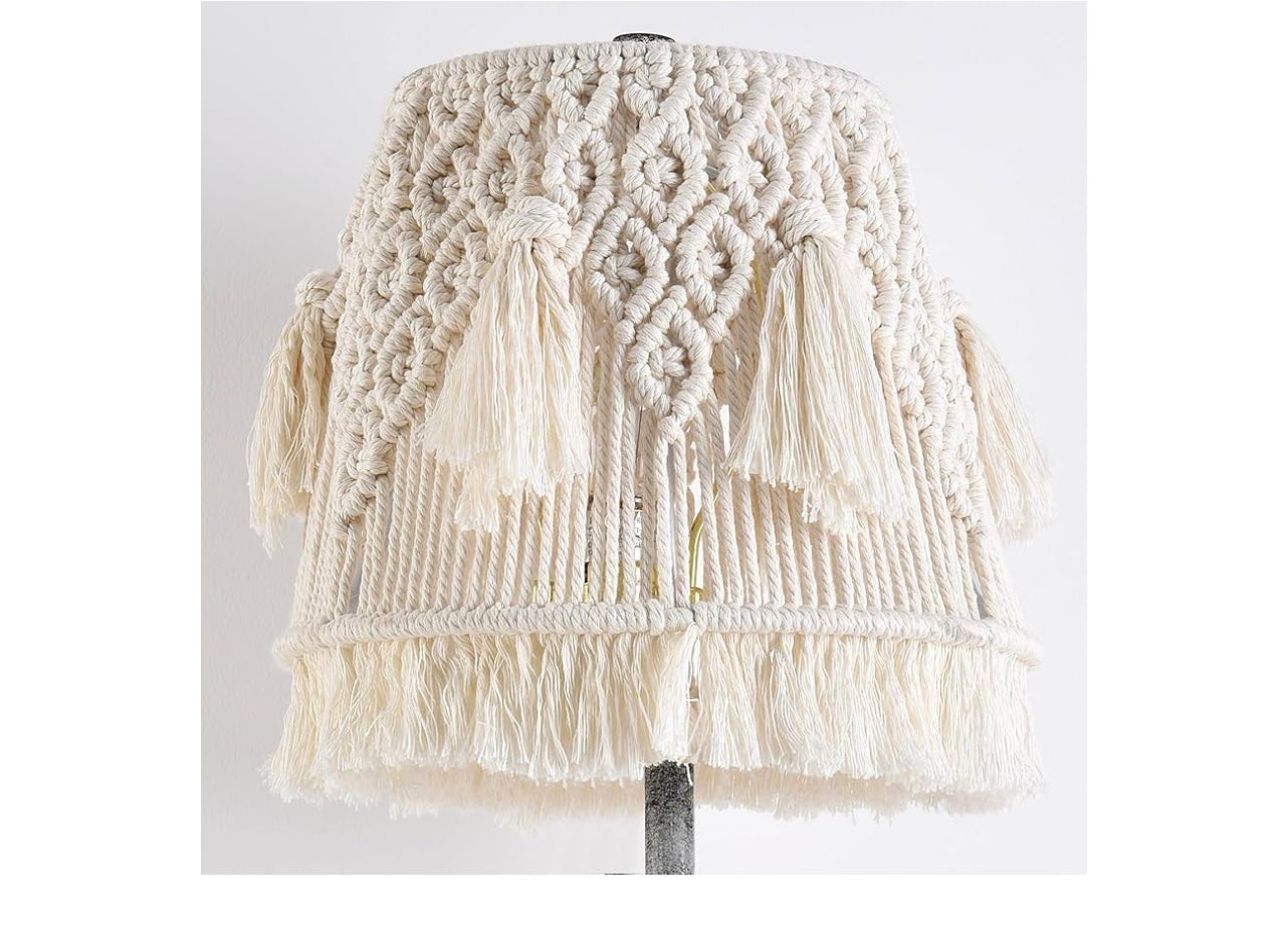 24” Tall Retro Desk Lamp With Bohemian Cotton Rope Macrame Lampshade and Handcrafted Resin Base.
