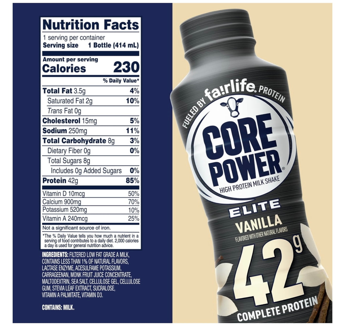 Fairlife Core Power Elite Vanilla High Protein Shake 42g, 14 Fl Oz, 12 Pack �?Workout Recovery Drink. Best by April 2027.