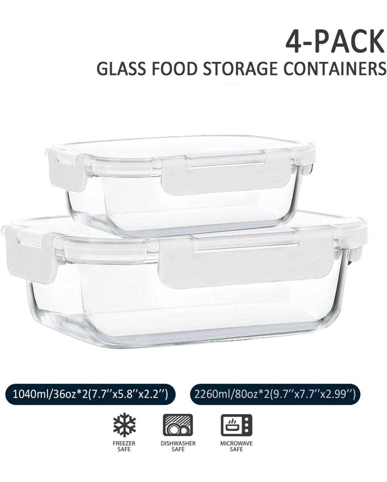 80 oz & 36 ozExtra Large Glass Food Storage/Baking Containers Set with Lids, 2 Pack 80 oz(10 cup)&2 Pack 36 oz (4.5 cup)Airtight Glass Container,Microwave,Oven,Freezer and Dishwasher, White