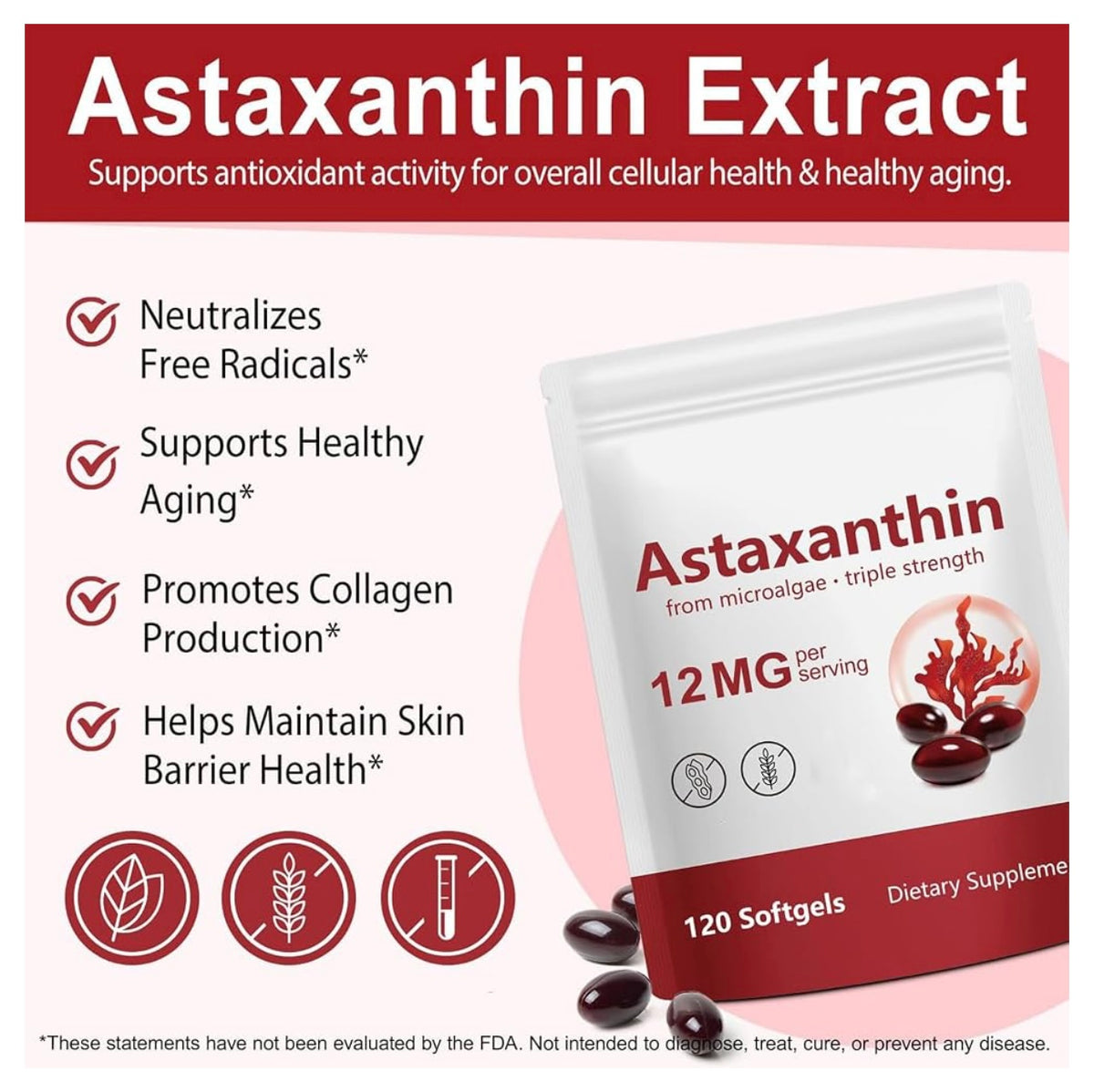 Astaxanthin Supplements, Supports Eye, Joint, Internal Circulation, Skin Health, Astaxanthina Antioxidant Supplements (1Bag120P). Exp 2029.