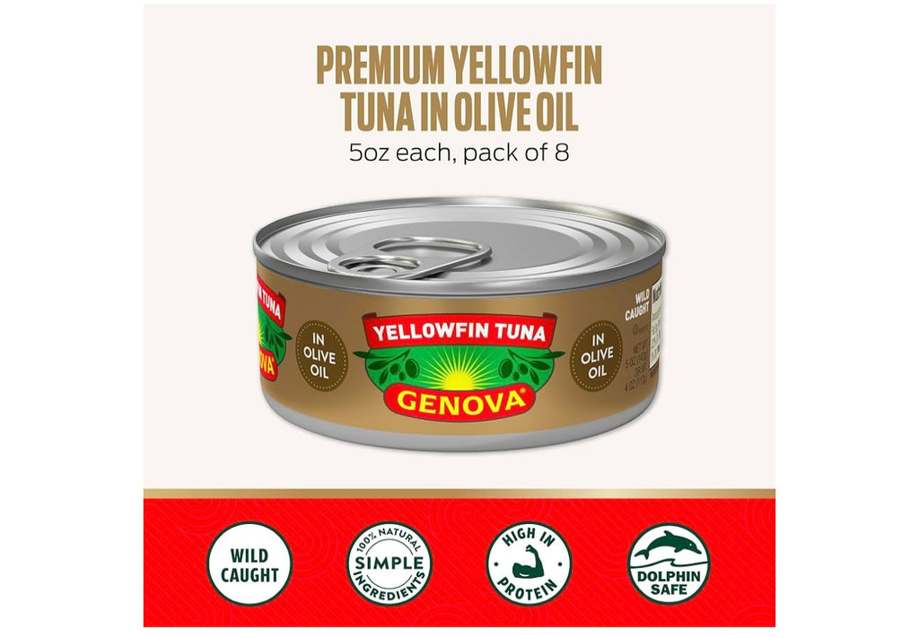 Genova Premium Yellowfin Tuna in Olive Oil, 5 Ounce Cans, 24-Pack – Nutrient Rich, High Protein Canned Tuna Fish - Delicious, Easy, Nutritious Ready to Eat Meals. Best by 07/2028.