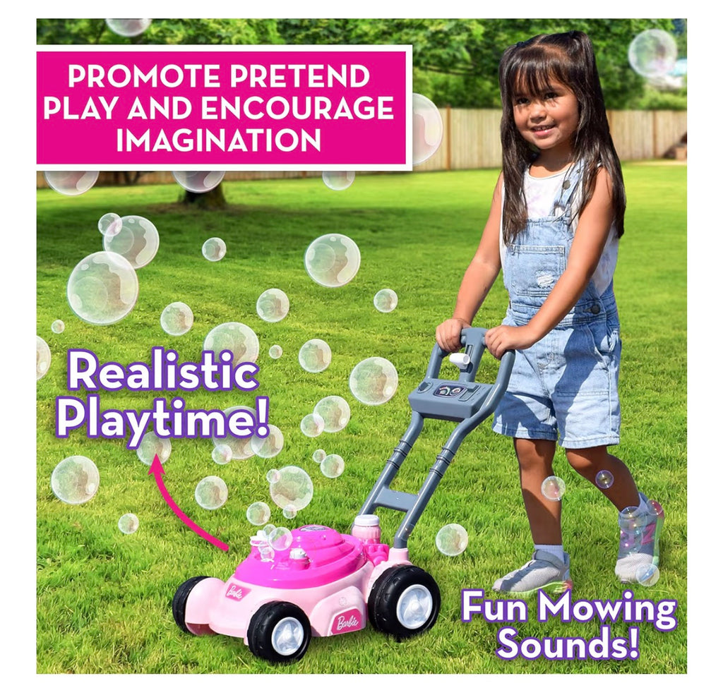 Barbie Bubble Lawn Mower for Toddlers, Bubble Blowing Machines, Indoor and Outdoor Gardening Toy, Birthday, Party Favor for Preschool Girls, No Batteries Required, Includes Bubble Solution, 2+