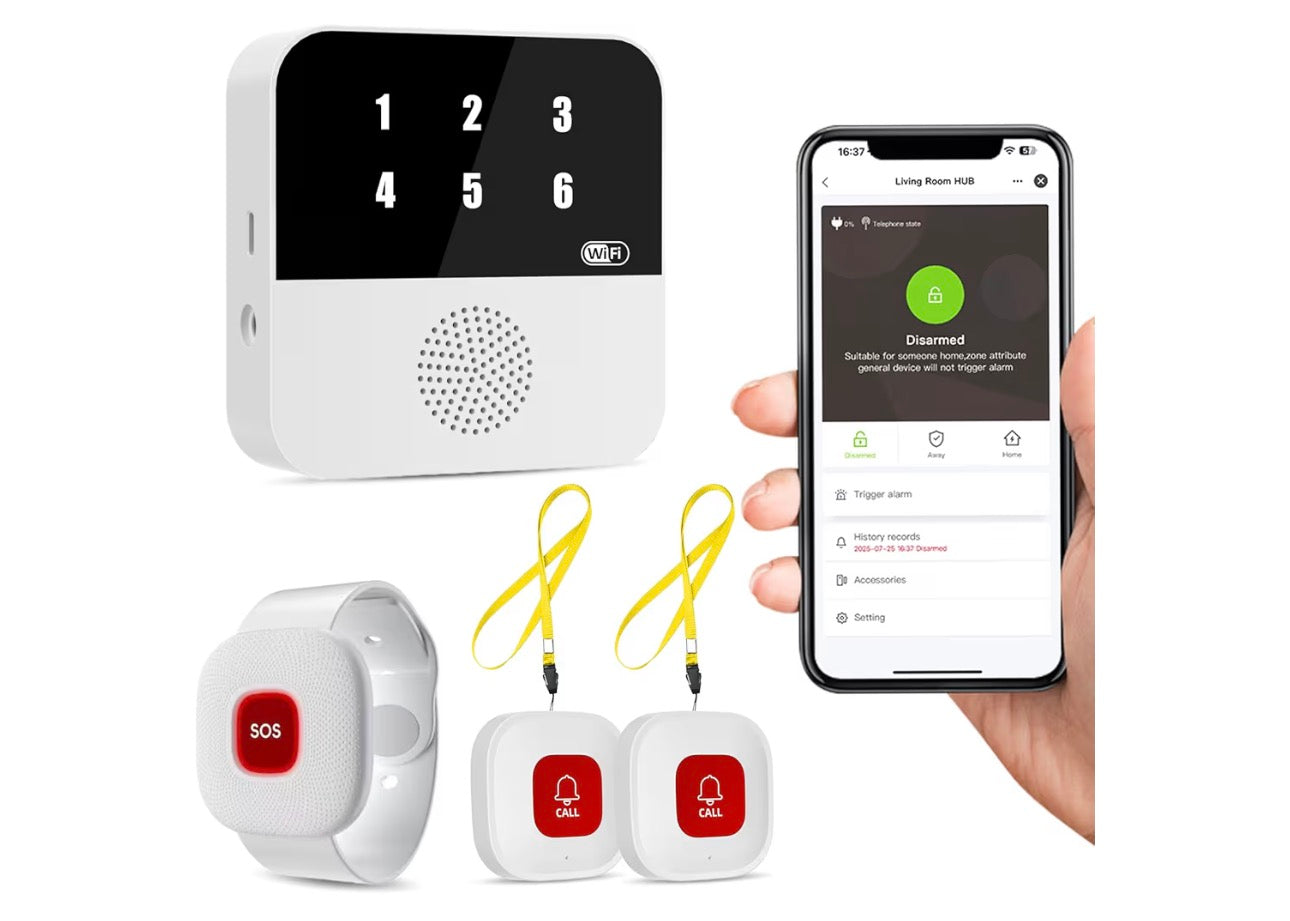 WiFi Caregiver Pager Smart Call System - Display Caller ID & App Alerts, No Monthly Fee, IP65 Waterproof Wristband + 2 Call Buttons, Emergency Alert Button for Elderly at Home & Nursing Care