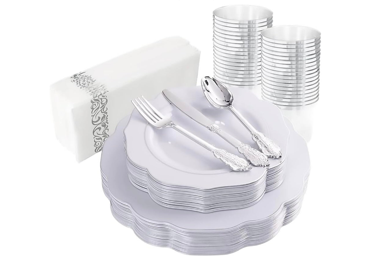 NOCCUR White and Silver plastic Dinnerware.