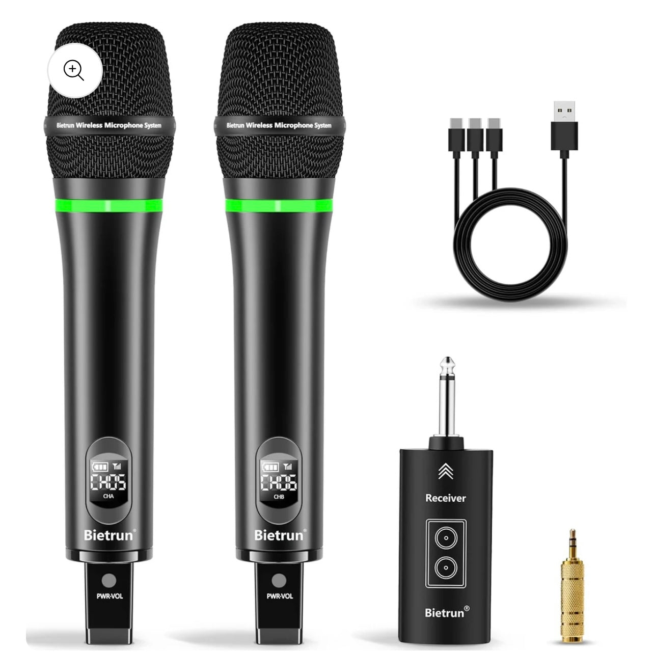 Bietrun Rechargeable Wireless Microphone, Dual Metal Cordless Handheld Dynamic Wireless Mics with 1/4'' Output for Karaoke, Meeting, Singing, Church, Wedding(UHF 240ft Range)(Receiver with Bluetooth)