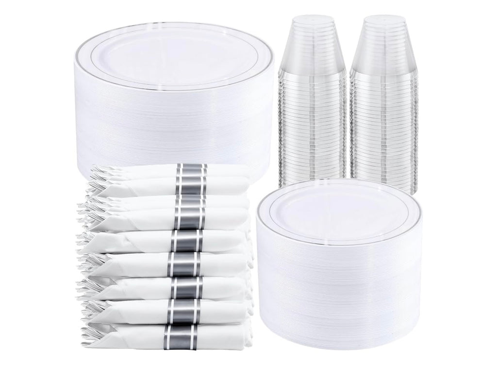 Wellife 350-Piece Silver Plastic Dinnerware Set. Disposable 10.25” dinner plates, 7.5” dessert plates and 9 oz silver Rim Cups.