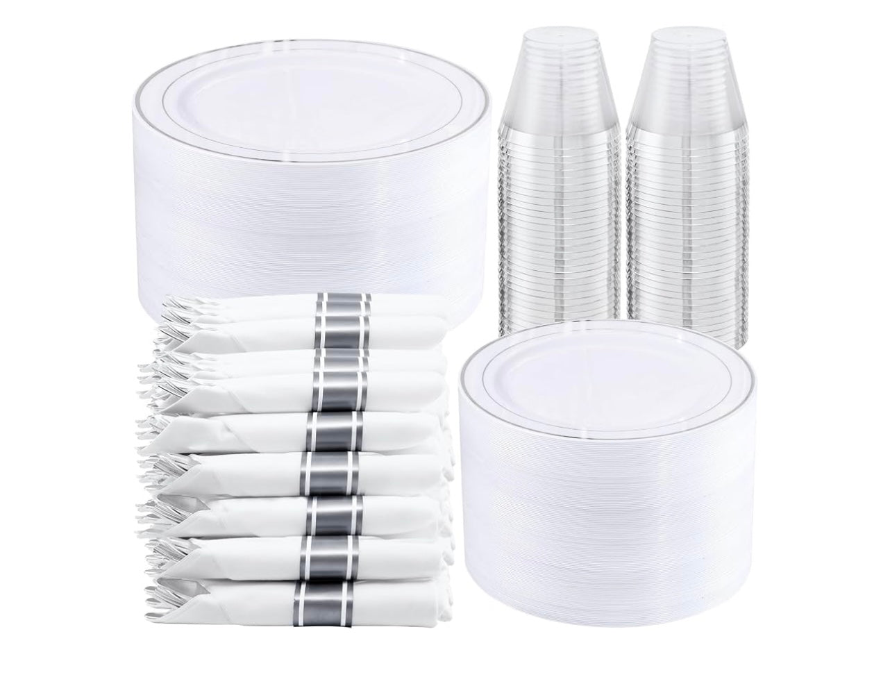 Wellife 350-Piece Silver Plastic Dinnerware Set. Disposable 10.25” dinner plates, 7.5” dessert plates and 9 oz silver Rim Cups.