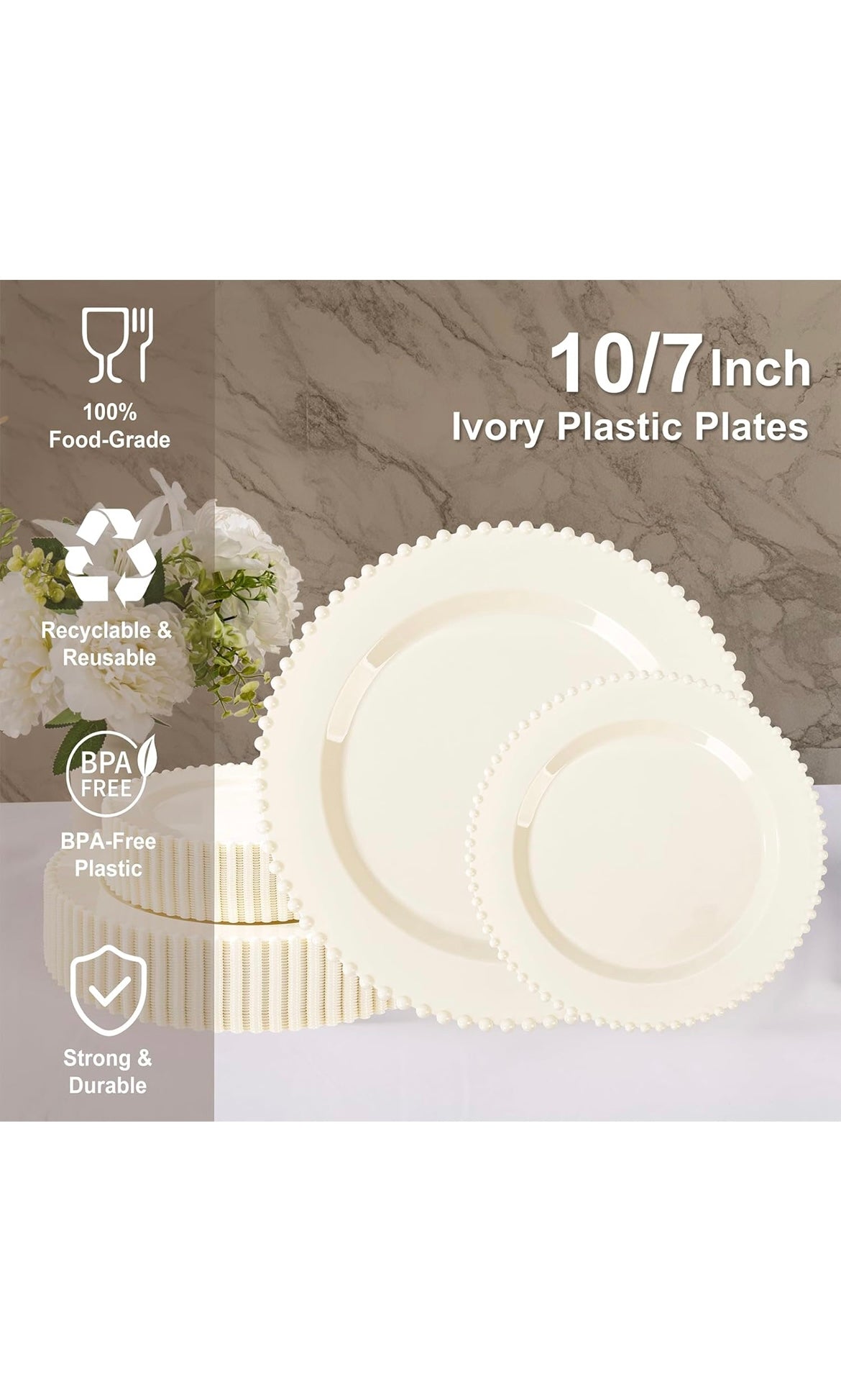 60 pcs plastic plates beaded ivory