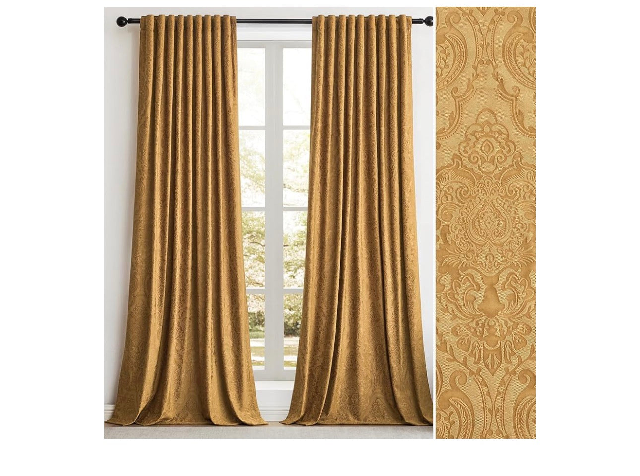 GIGIZAZA Brown Gold Velvet Curtains 84 Inch for Living Room,2 Panels Luxury Vintage Drapes Floral Embossed Blackout Window Curtain Back Tab Thermal for Bedroom