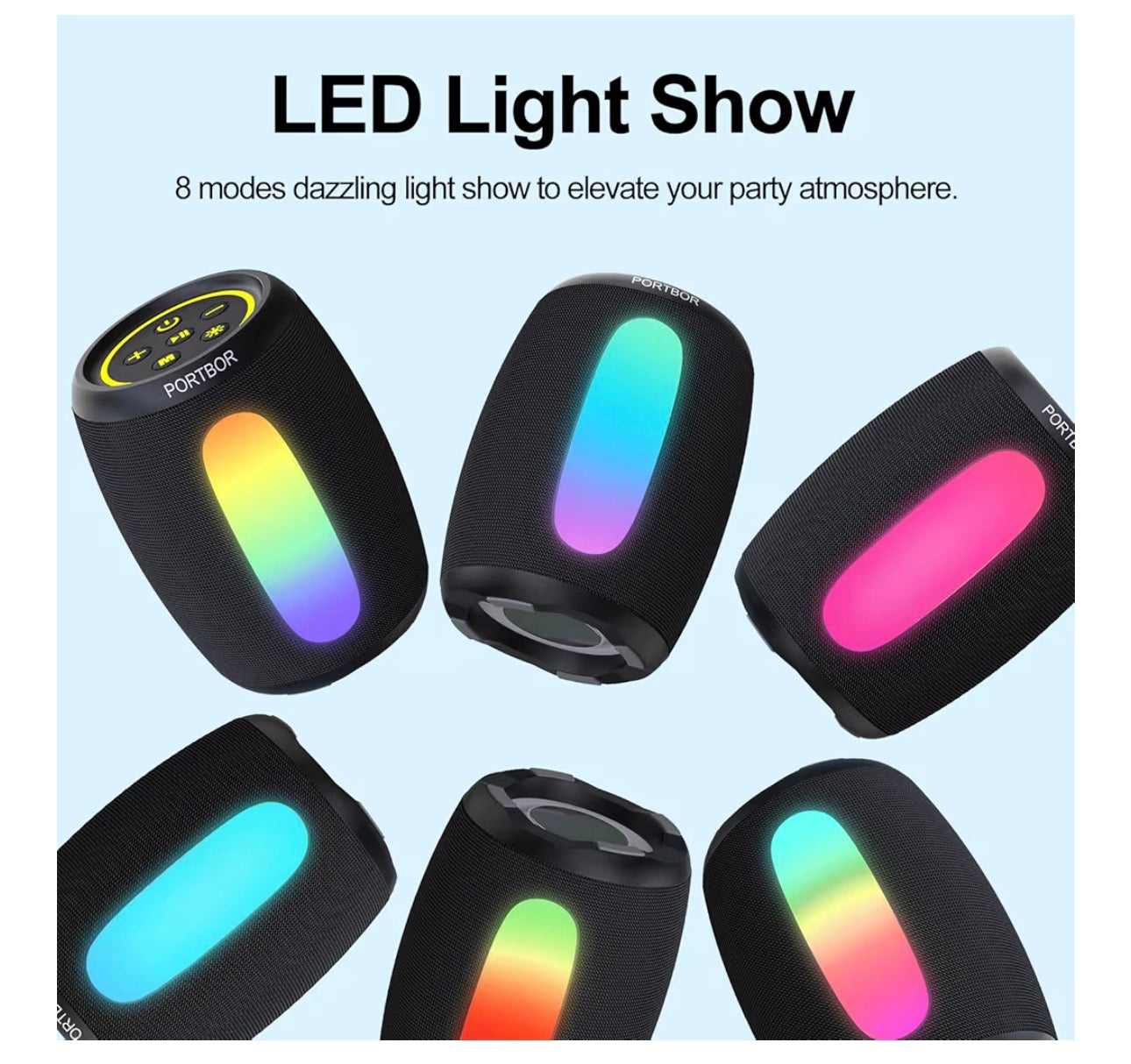 Portable Bluetooth Speaker, 2026 Powerful Stereo Loud Sound Wireless Speaker, 8 LED Modes, IPX5 Waterproof, Up to 36H Playtime, BT 5.3 with AUX, TWS Pairing, for Outdoor/Home/Party/Beach, Ideal Gifts