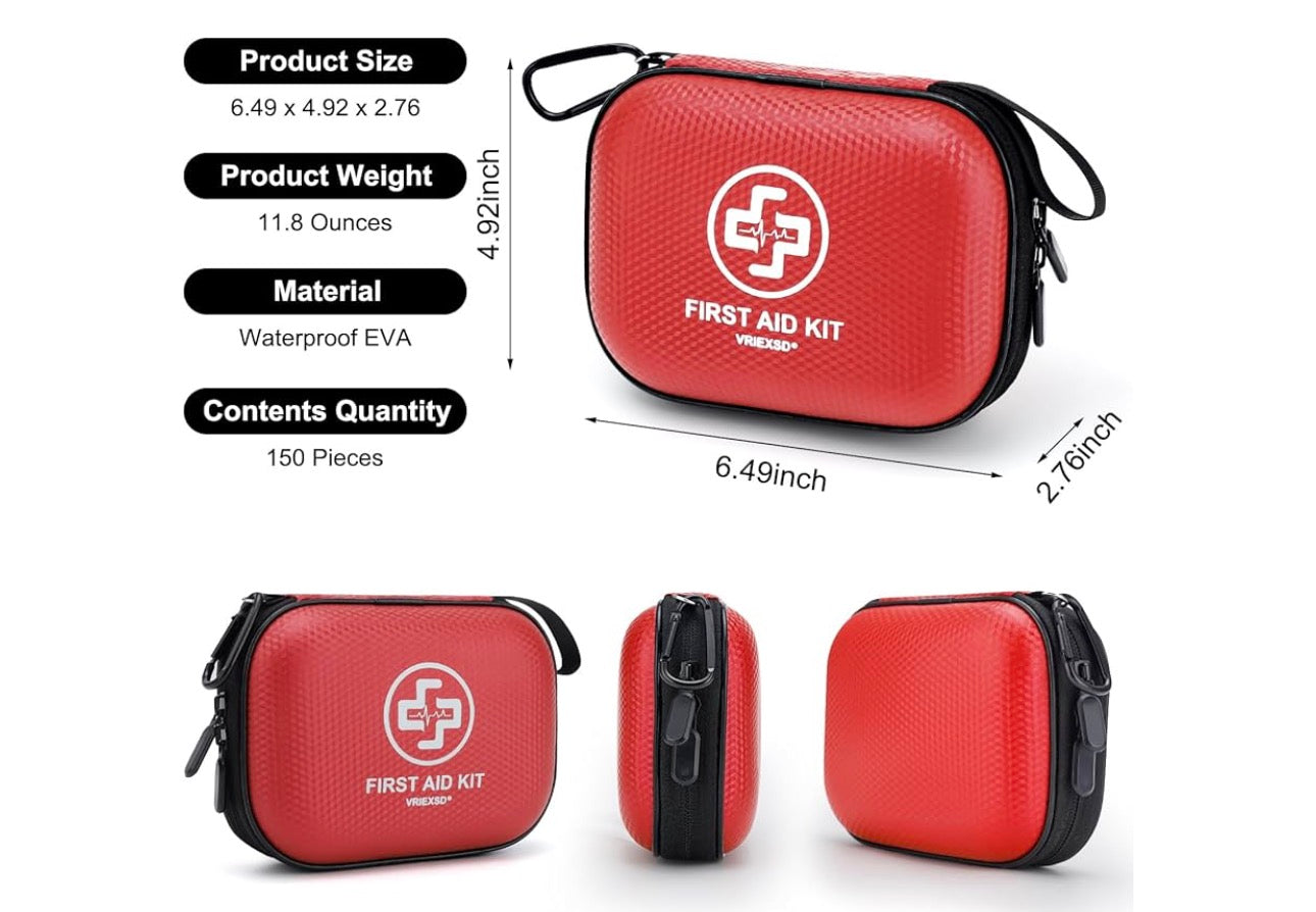 Mini First Aid Kit - 150 Piece Small Waterproof Hard Shell Medical Kit for Home, Car, Travel, Camping, Truck, Hiking, Sports, Office, Vehicle & Outdoor Emergencies- Small First Aid Medical Kit (Red)