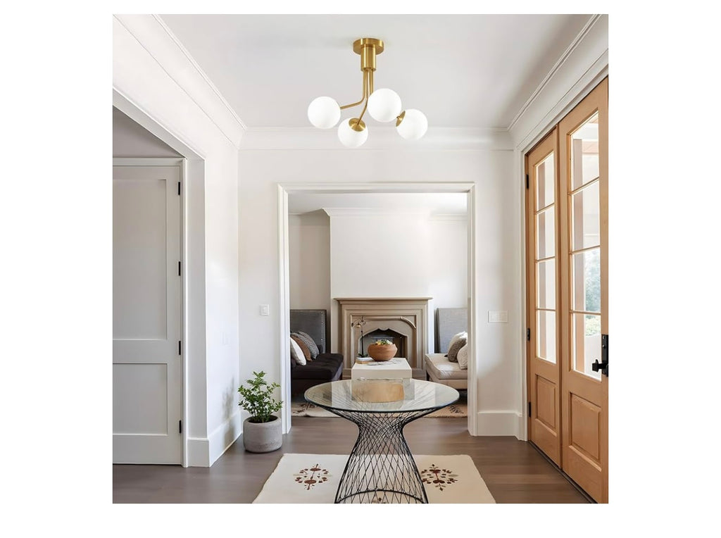 Linour 4 Light Modern Chandelier Gold Semi Flush Mount Ceiling Light Fixture Sputnik Chandelier With Milky Frosted Glass.