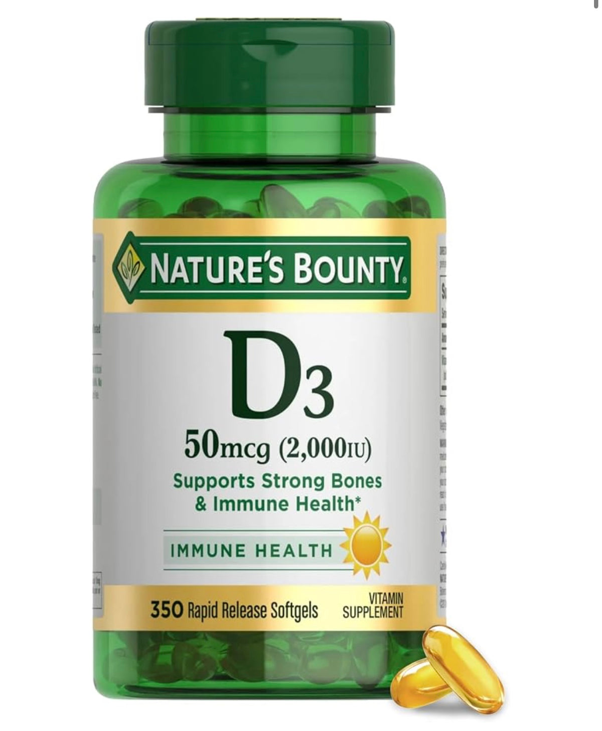 Nature's Bounty Vitamin D3 2000 IU Essential for Healthy Bones 350 Softgels. Exp 05/2028.