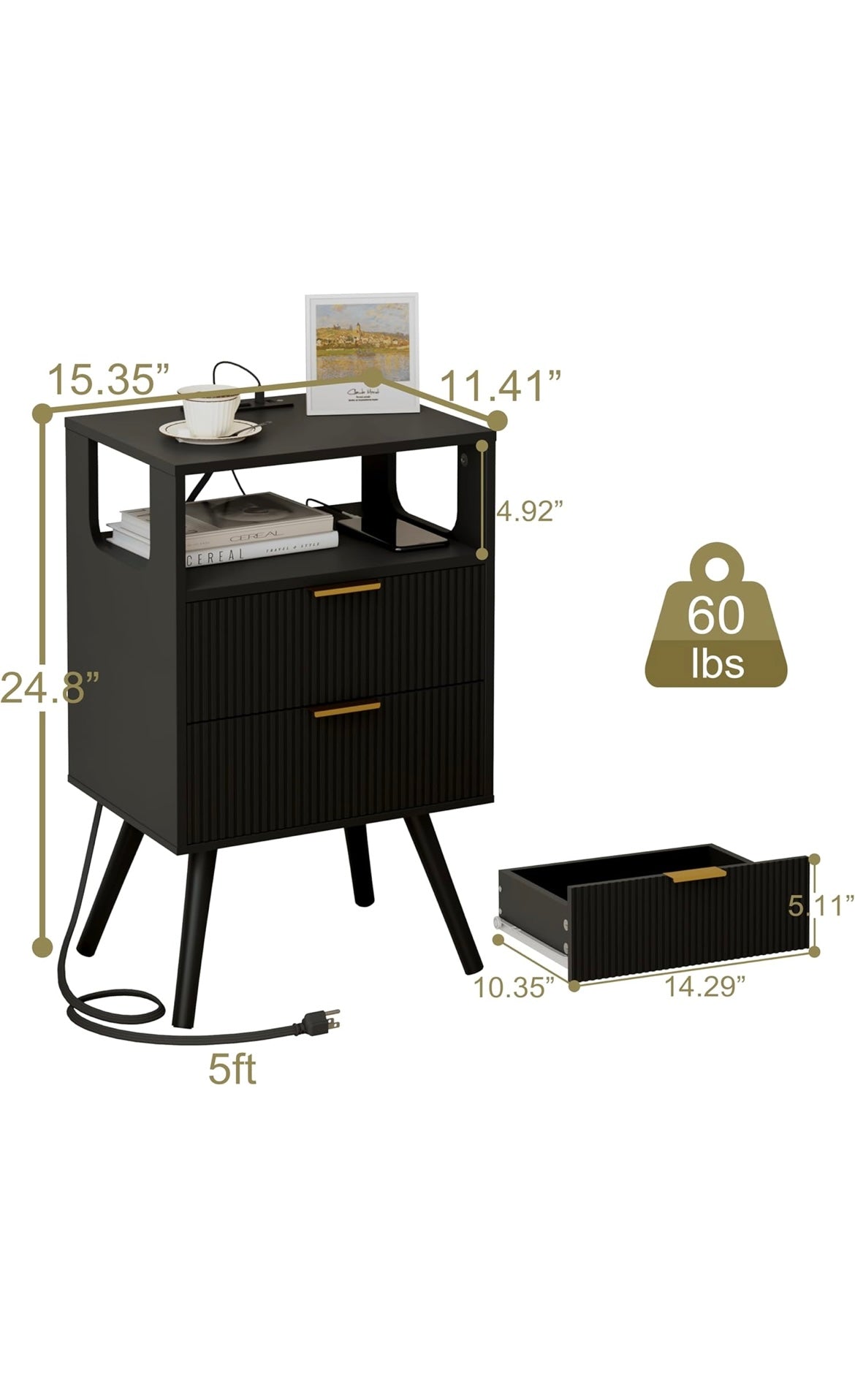 Black nightstand with charging station and led lights
