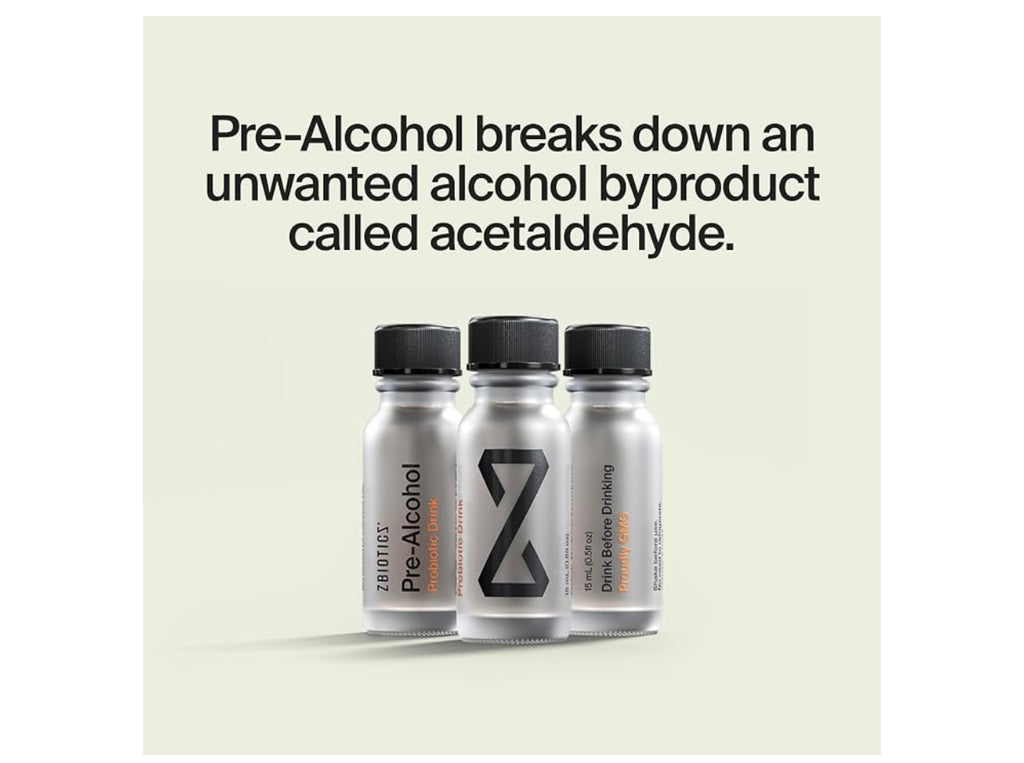 ZBiotics Pre-Alcohol Probiotic — Drink Responsibly, for an Easier Tomorrow. Best by 12/2027.