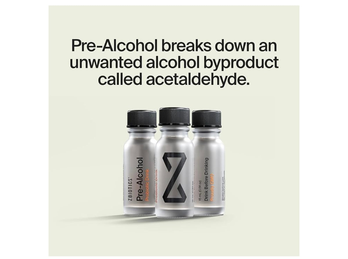 ZBiotics Pre-Alcohol Probiotic — Drink Responsibly, for an Easier Tomorrow. Best by 12/2027.