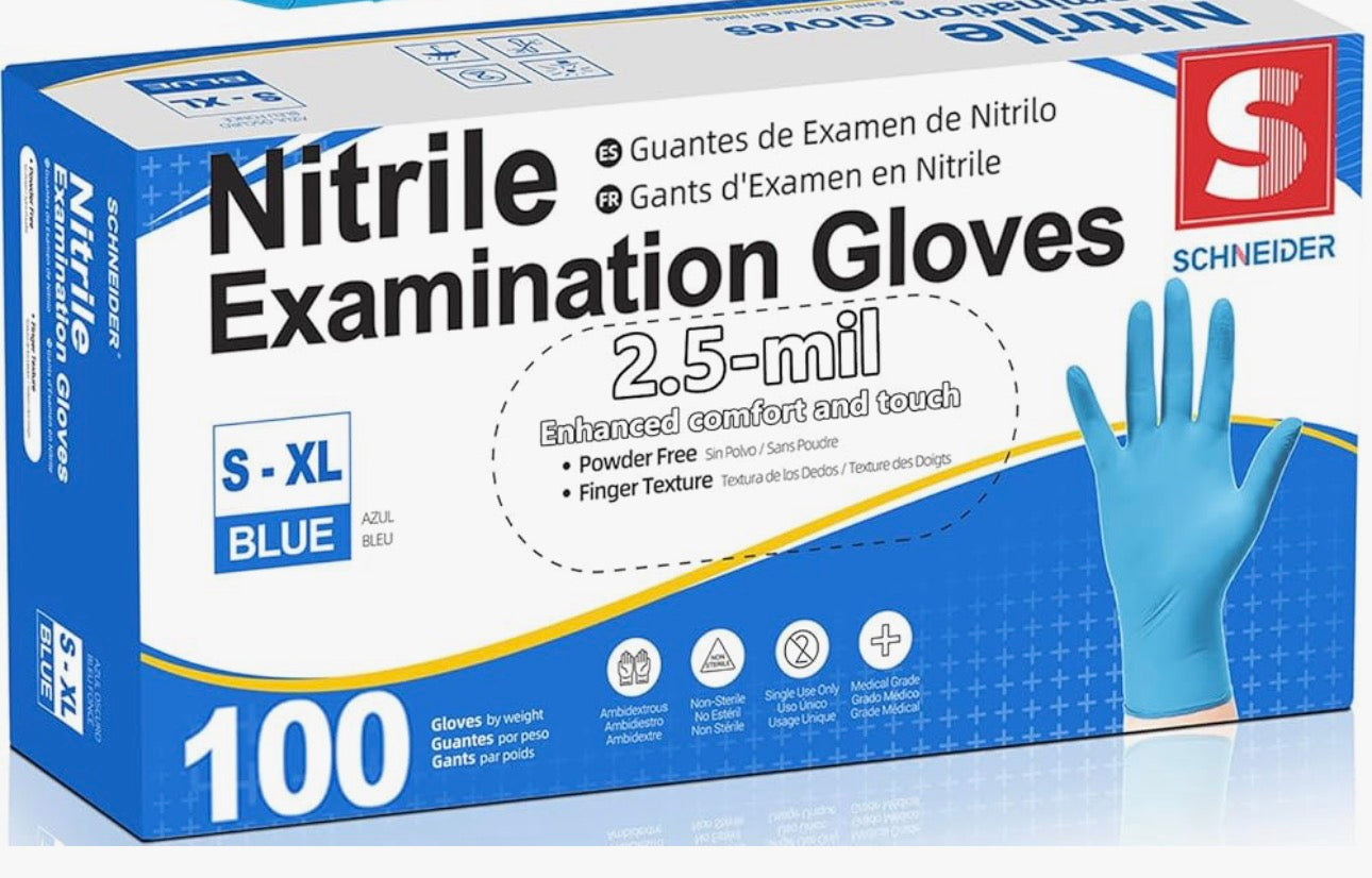Schneider Nitrile Exam Gloves, Blue Disposable Gloves Latex Free Powder Free for Medical, Cooking, Cleaning SIZE MEDIUM