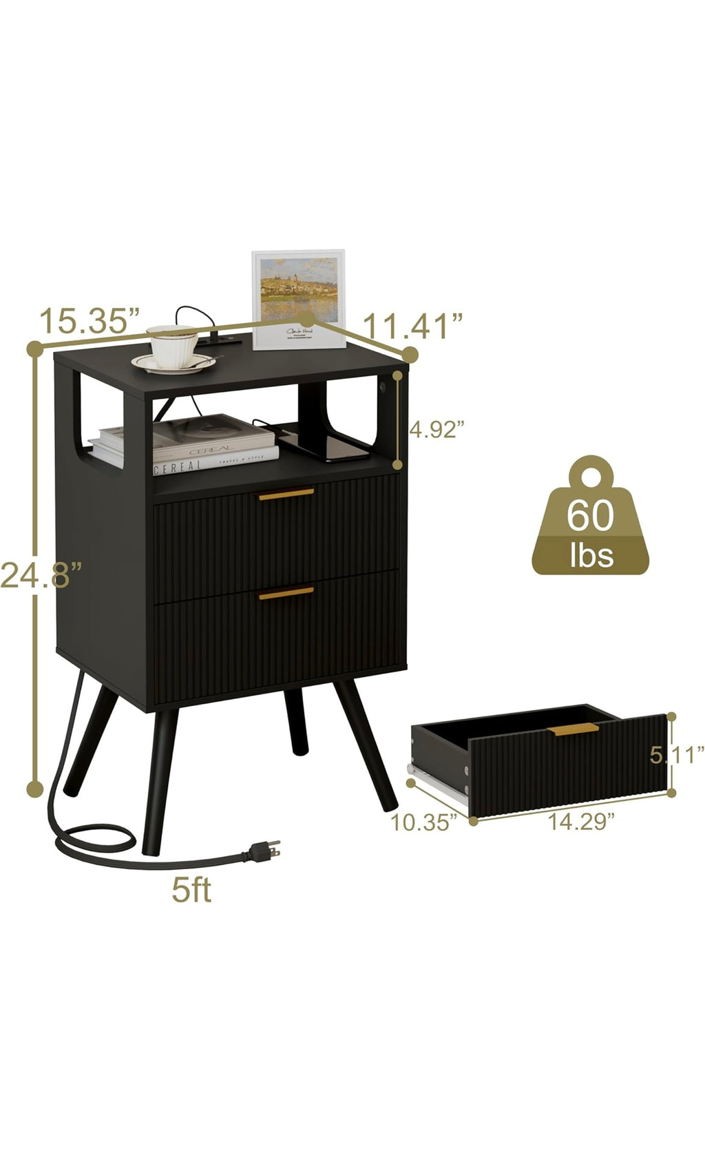Black nightstand with charging station