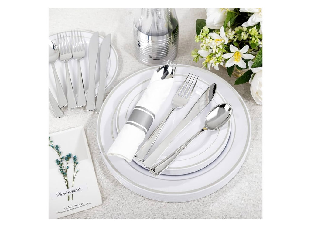 Wellife 350-Piece Silver Plastic Dinnerware Set. Disposable 10.25” dinner plates, 7.5” dessert plates and 9 oz silver Rim Cups.