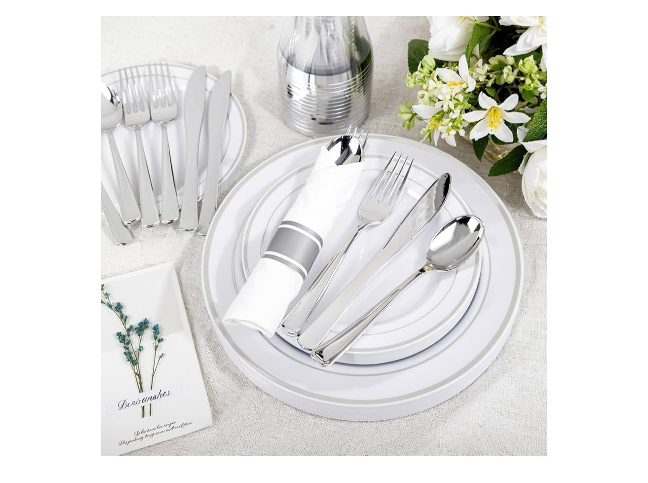 Wellife 350-Piece Silver Plastic Dinnerware Set. Disposable 10.25” dinner plates, 7.5” dessert plates and 9 oz silver Rim Cups.