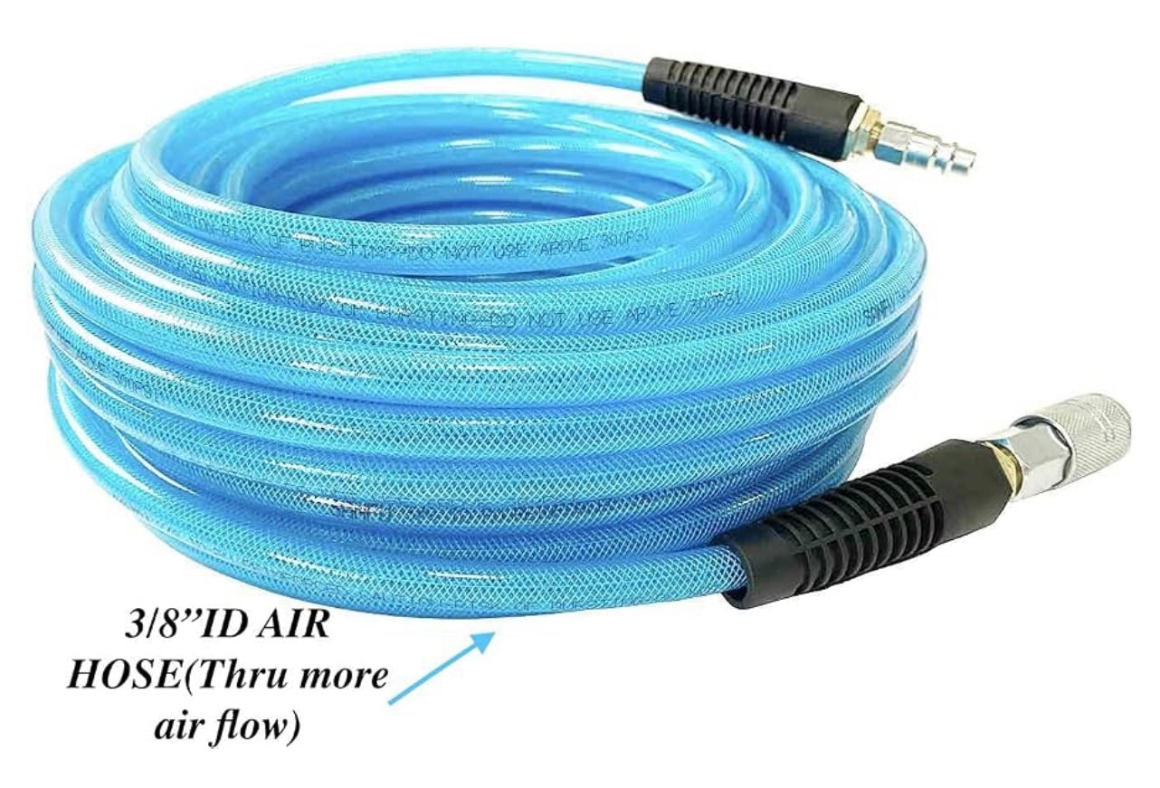 SANFU Polyurethane(PU) Reinforced 3/8”ID x 50ft Air Hose, Non-kinking with 3/8” Repaired Industrial Quick Coupler and Plug, Bend Restrictor, Transparent Blue(50’)