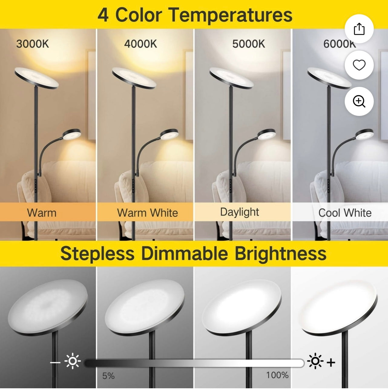 LED Torchiere Floor Lamp With Reading Light.