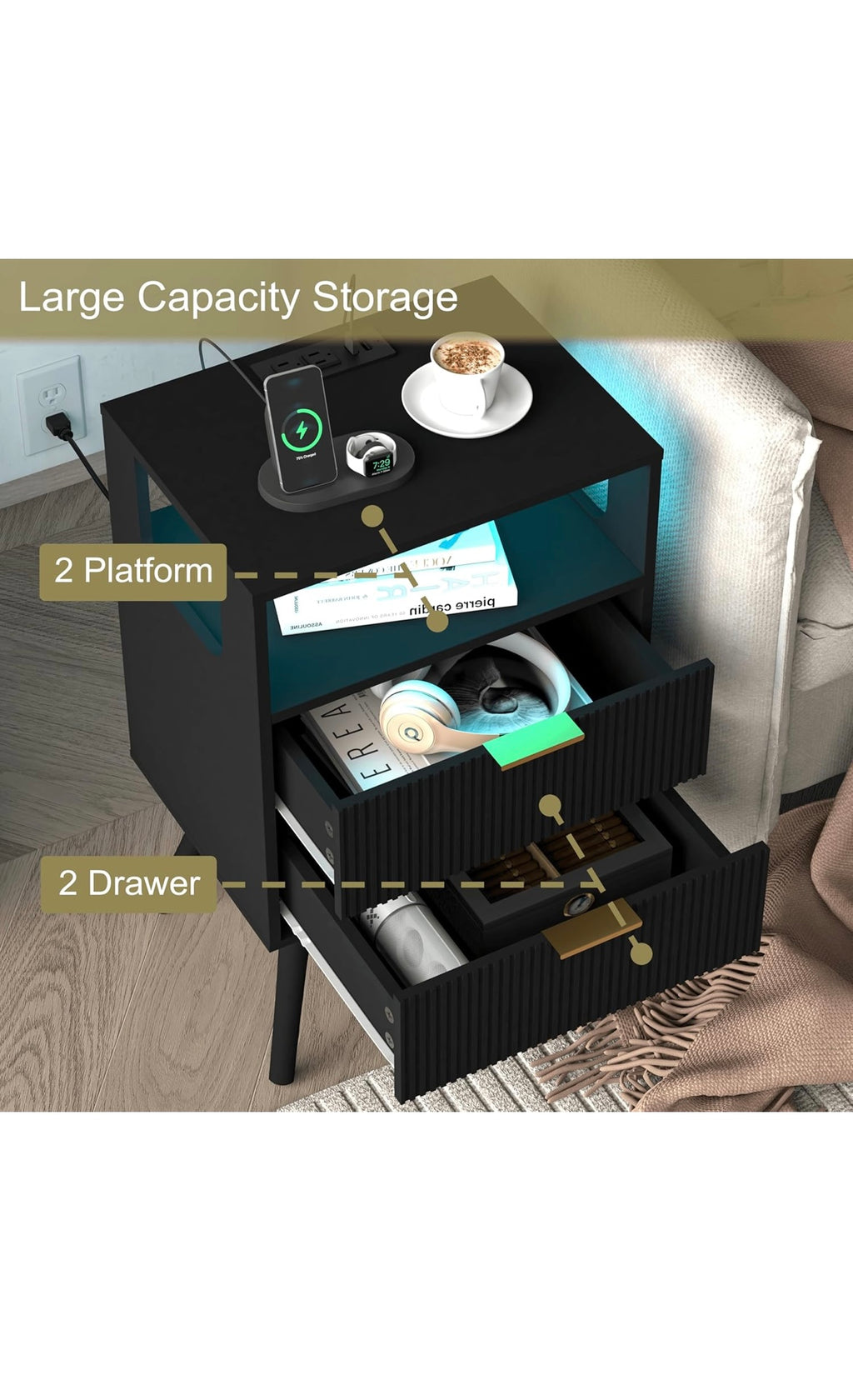 Black nightstand with charging station and led lights