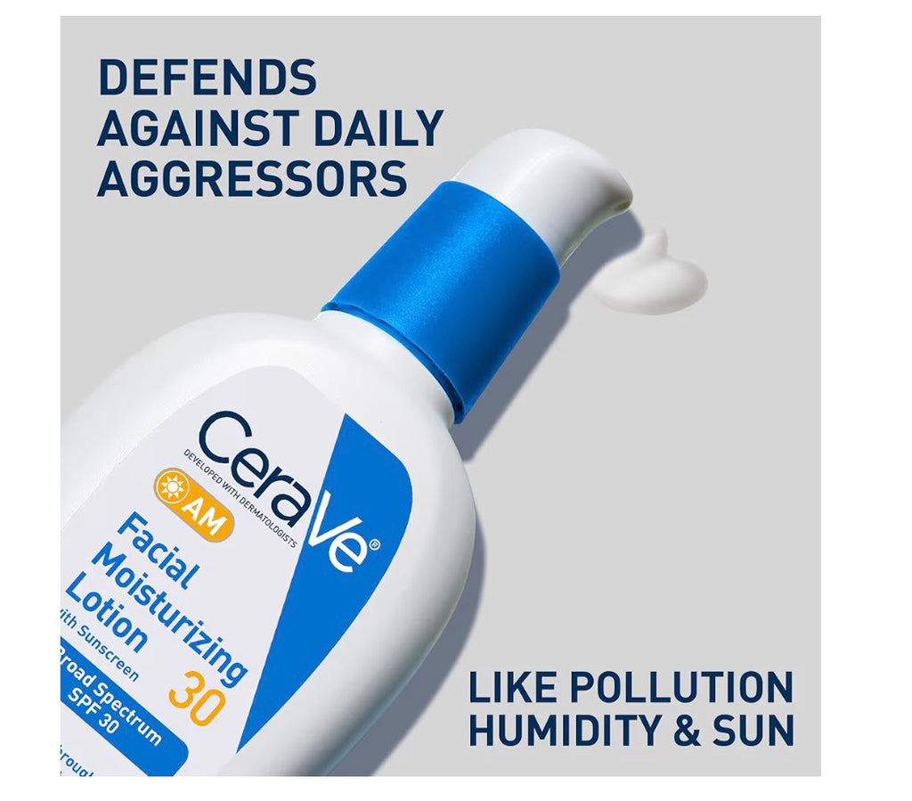 CeraVe AM Facial Moisturizing Lotion with SPF 30, Oil-Free Face Moisturizer with SPF, Formulated with Hyaluronic Acid, Niacinamide & Ceramides, Non-Comedogenic, Broad Spectrum Sunscreen, 3 Ounce
