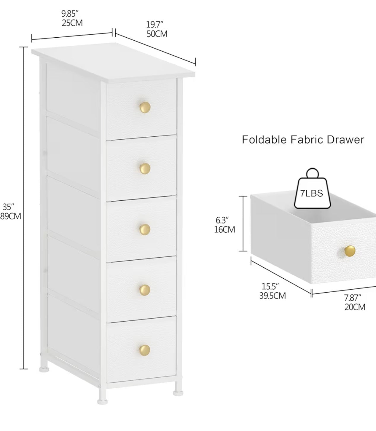 GiftGo Narrow Dresser Cabinet Vertical Slim Dresser Chest of Drawers Skinny Storage Tower for Small Spaces Gaps Closet Bedroom Bathroom Small Fabric Drawer Unit (White, 5 Drawers)