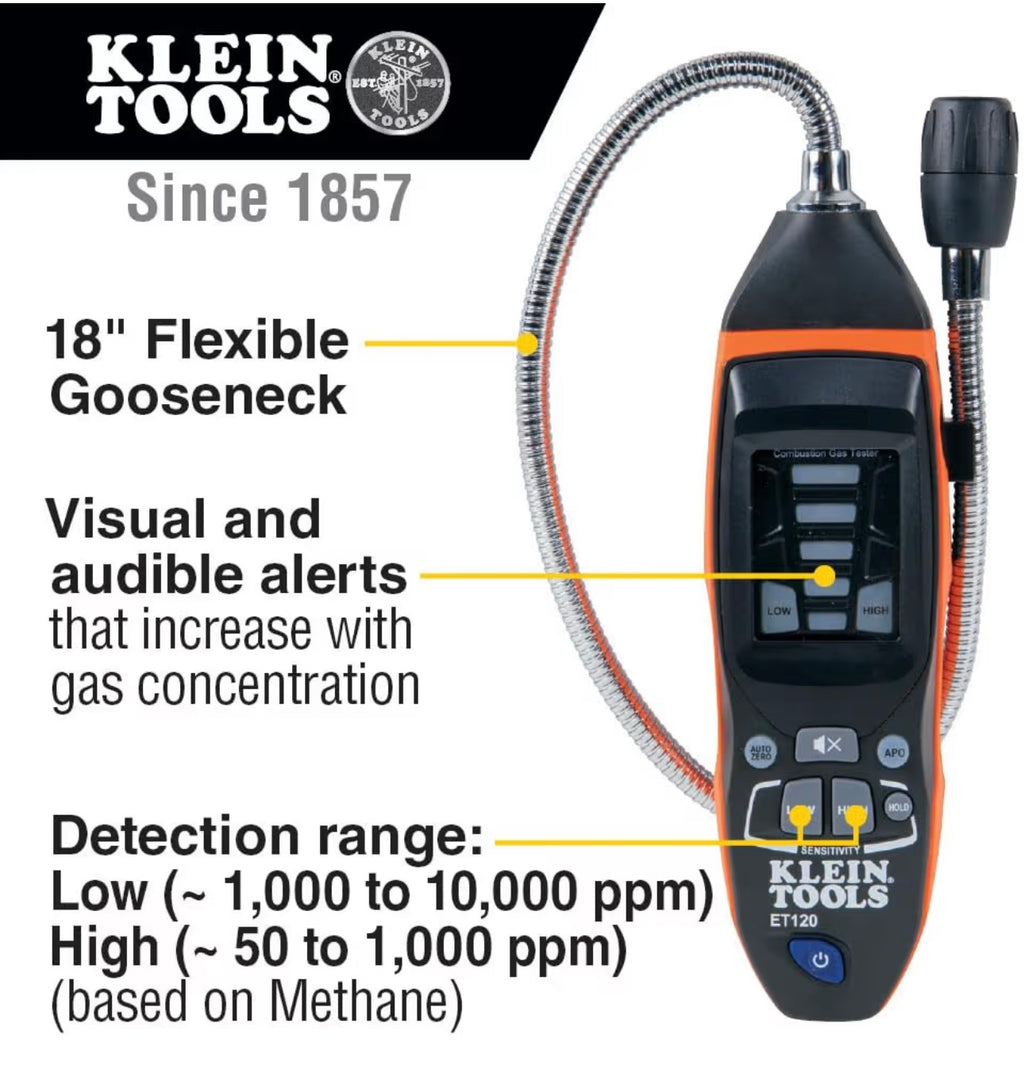 Klein Tools ET120 Gas Leak Detector, Combustible Gas Leak Tester with 18-Inch Gooseneck Has Range 50-10,000 ppm, Includes Pouch Factory Sealed