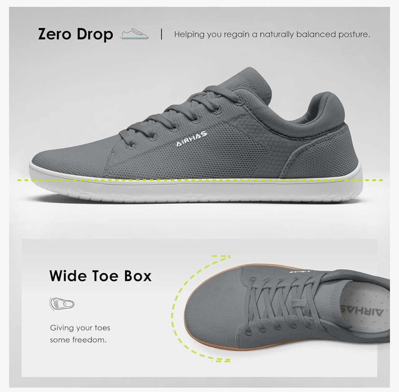 AIRHAS Womens Minimalist Barefoot Shoes Zero Drop Wide Toe Box Shoes Lightweight Casual Fashion Sneakers for Women(Dark Grey/Gum. Size 8.