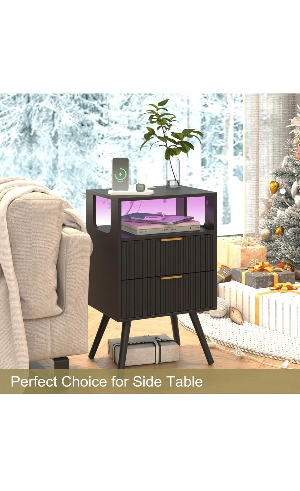 Black nightstand with charging station and led lights