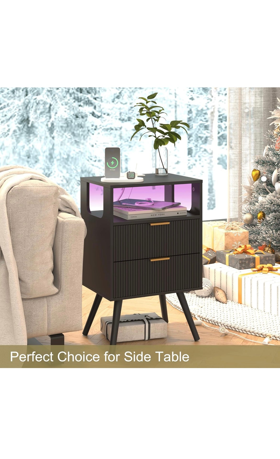 Black nightstand with charging station and led lights