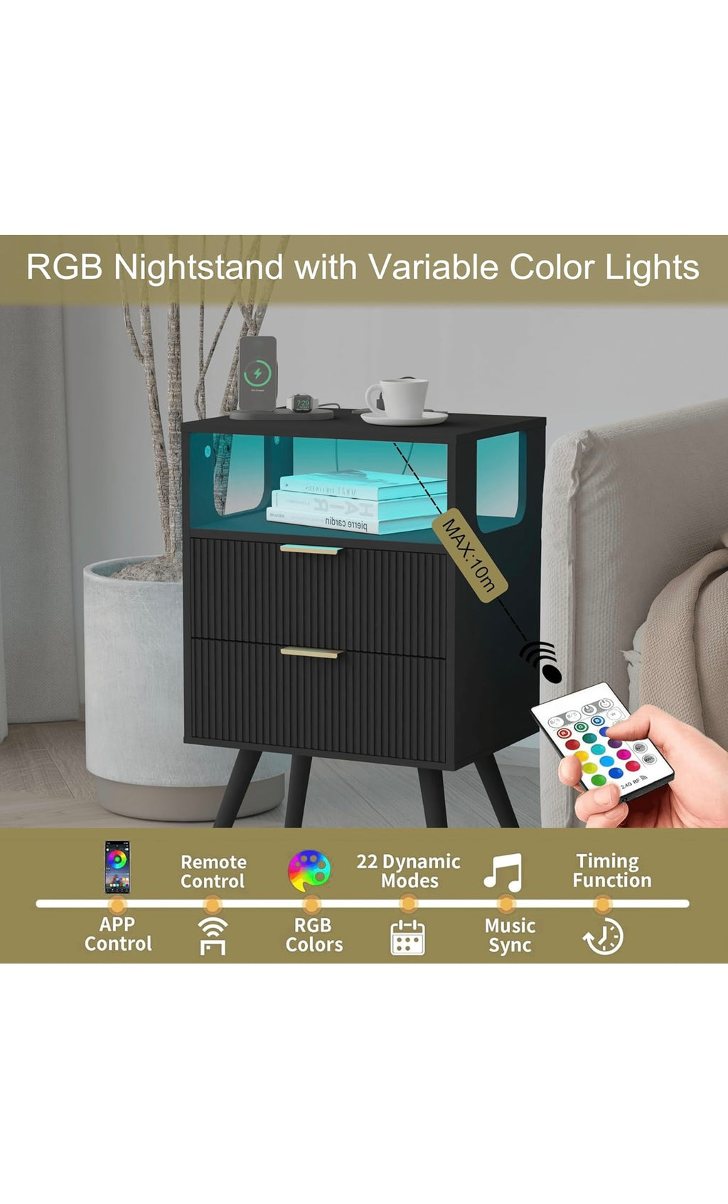 Black nightstand with charging station