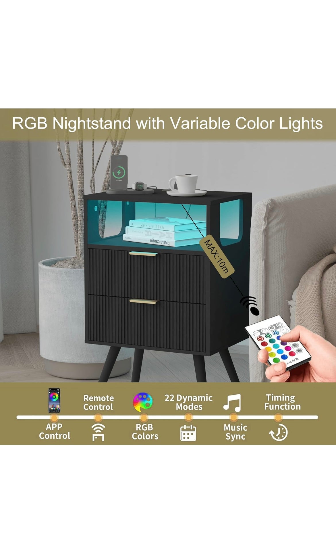Black nightstand with charging station
