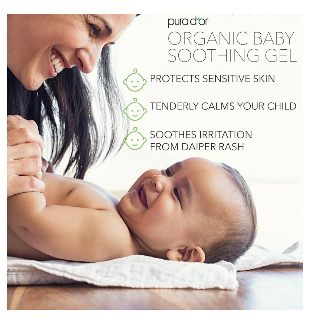 PURA D'OR 16 Oz ORGANIC Baby Soothing Gel For Sensitive Skin - Diaper Rash & Irritation Relief with Aloe Vera, Tamanu Oil, Chamomile, Jojoba, & Almond Oil