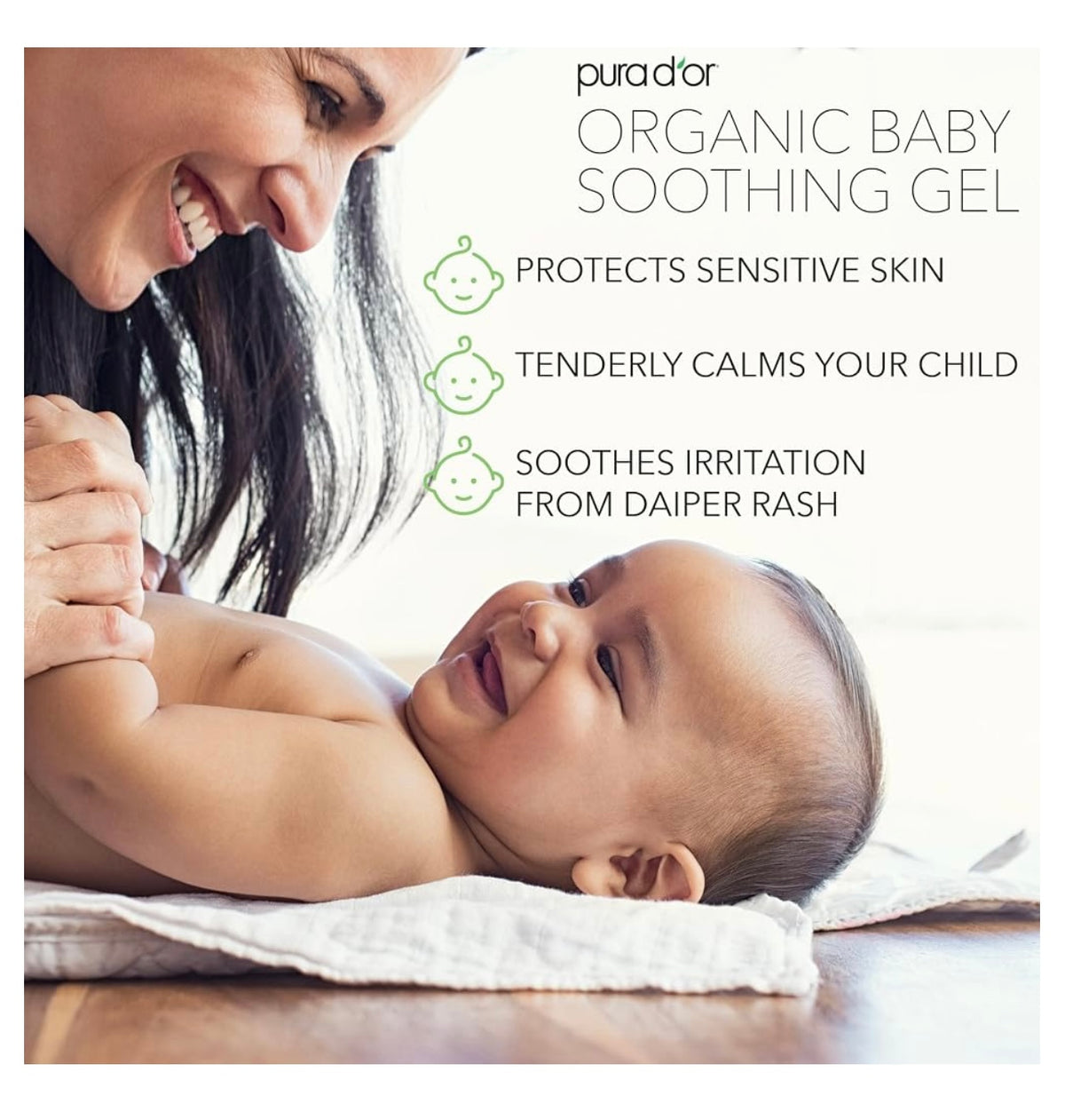 PURA D'OR 16 Oz ORGANIC Baby Soothing Gel For Sensitive Skin - Diaper Rash & Irritation Relief with Aloe Vera, Tamanu Oil, Chamomile, Jojoba, & Almond Oil