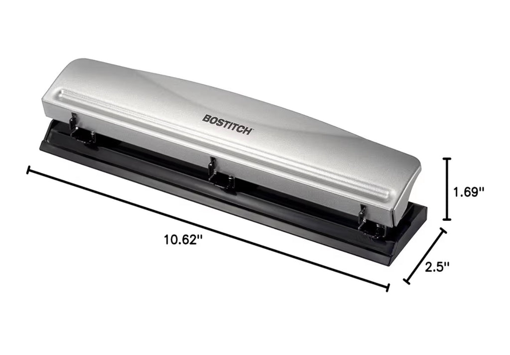 Bostitch Office Premium 3 Hole Punch, 12 Sheet Capacity, Metal, Rubber Base, Easy-Clean Tray, Silver