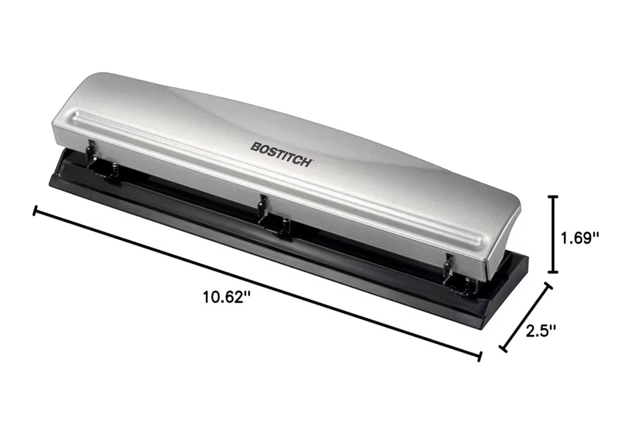 Bostitch Office Premium 3 Hole Punch, 12 Sheet Capacity, Metal, Rubber Base, Easy-Clean Tray, Silver