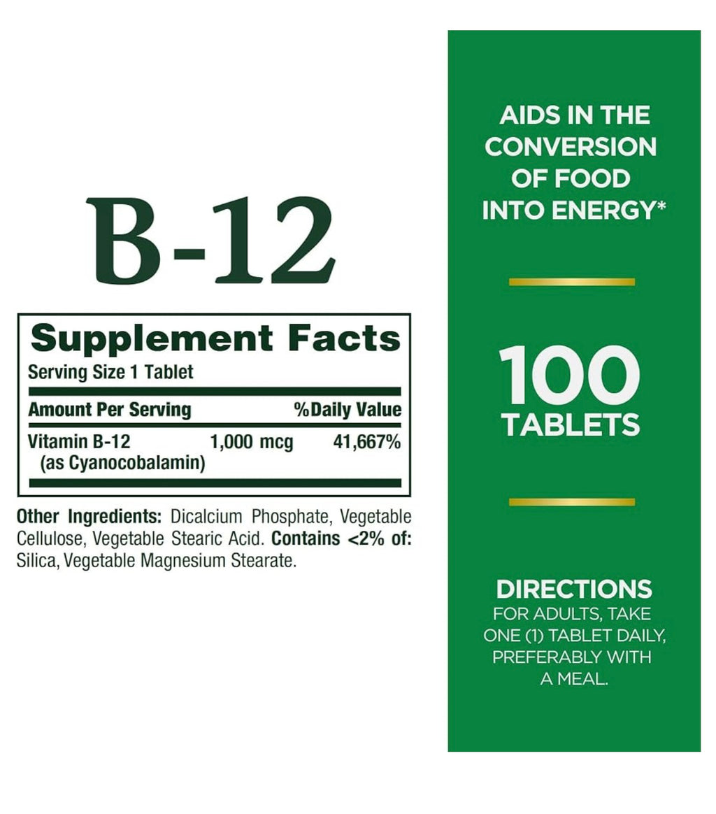 Nature's Bounty Vitamin B12, Supports Energy Metabolism, 1000 mcg, 100 Count. Exp 10/2028.
