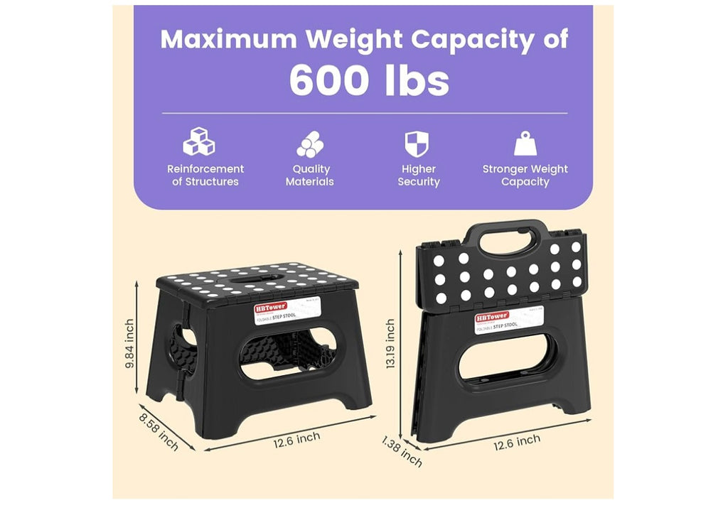 HBTower Folding Step Stool 9 Inch, 600 LBS Capacity with Safety Lock, Black
