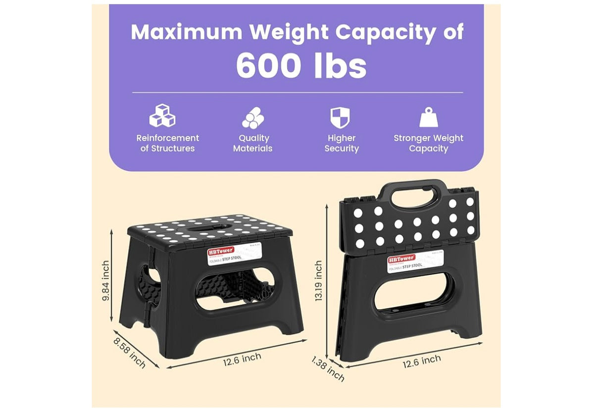 HBTower Folding Step Stool 9 Inch, 600 LBS Capacity with Safety Lock, Black