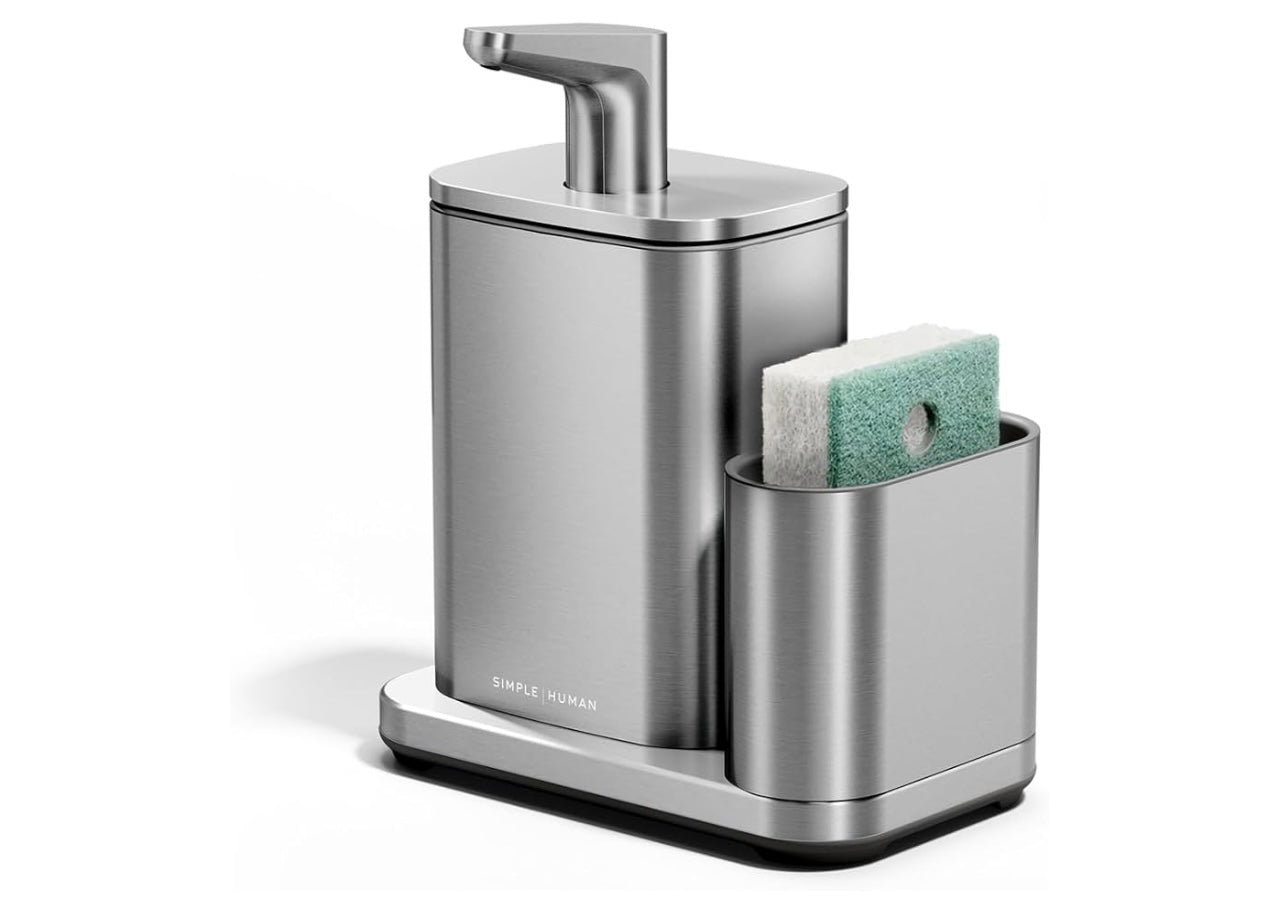 simplehuman Pulse Pump with Sponge Caddy, 16 oz Manual Dish Soap Dispenser for Kitchen Sink, Smooth & Precise Push-Down Action, No-Drip Spout, Integrated Sponge Holder, Brushed Stainless Steel