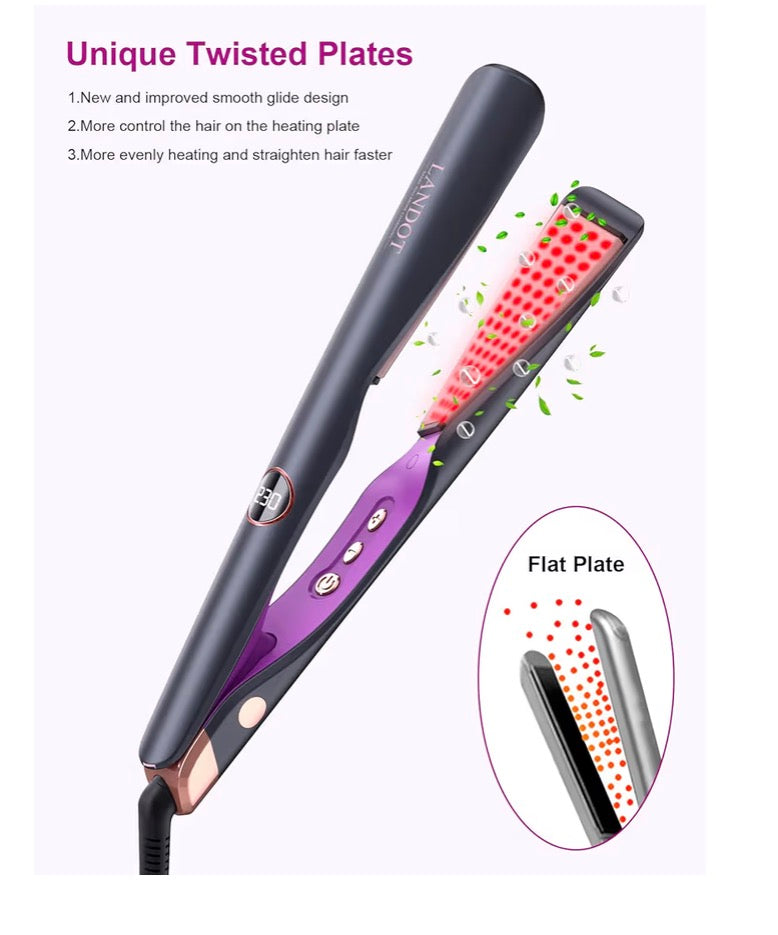 LANDOT Hair Straightener and Curler 2-in-1: Twist Flat Curling Iron for Smooth Straight & Bouncy Curls, Anti-Frizz, Dual Voltage, 12 Temps 250-450°F for All Hair Types, 1 Inch, Metallic Gray