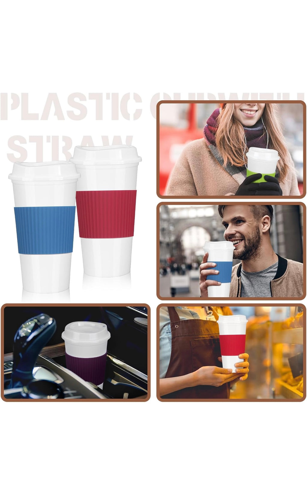 Reusable coffee cups with lids and non slip sleeves